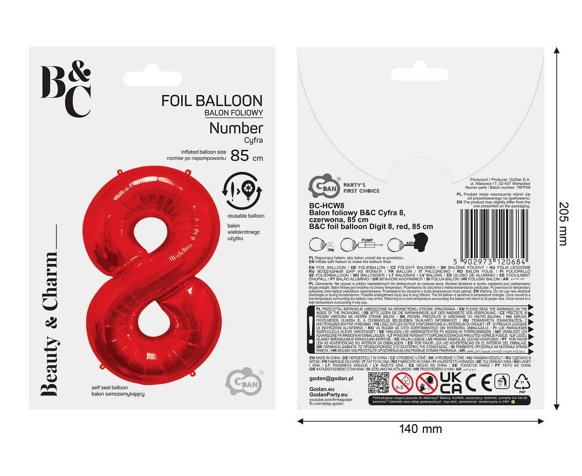 Foil balloon number 8, red, 85 cm